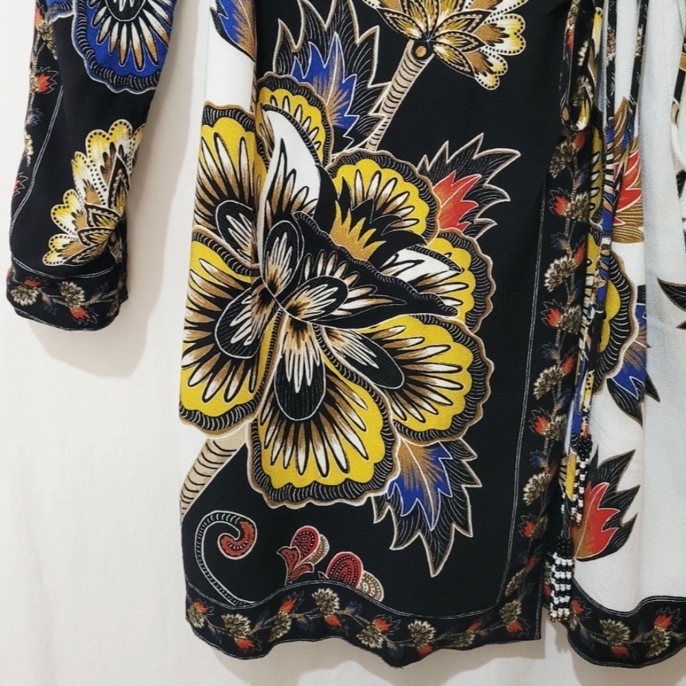 Farm Rio Maxi Floral Print Crepe Wrap Mini Dress in Black Multi - Picture 9 of 14